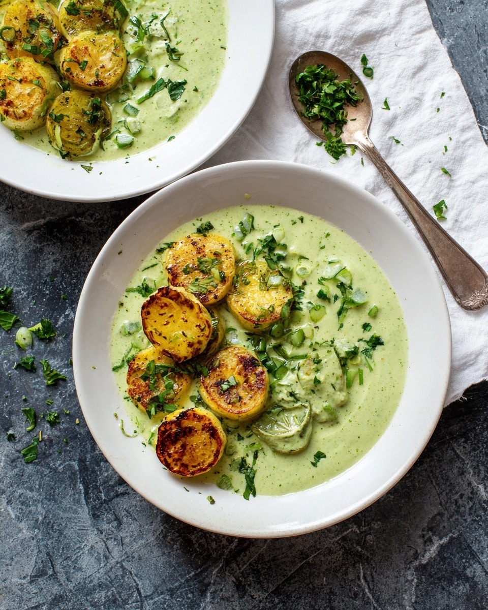 Three white bowls of food sit on a dark grey surface with scattered green herb pieces. Each bowl shows a serving of round, golden brown fried slices stacked loosely on one side, and a smooth, light green creamy sauce spread on the other side, sprinkled with small green herb pieces. Part of a metal spoon with some green herbs on it rests on a white cloth near the top right corner. The setting is casual with the bowls appearing fresh and simple. photo taken with an iphone --ar 4:5 --v 7