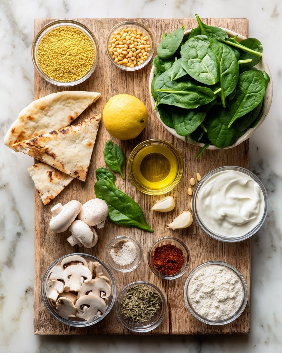 The image shows a wooden board with several small clear glass bowls and fresh ingredients arranged neatly. The top row has a small bowl with yellow grains in the center, a wedge of pita bread on the left, and a large bowl of fresh green spinach on the right. Below, there's a few fresh basil leaves, a lemon slice, and a small bowl of golden olive oil, along with a small bowl of white creamy yogurt. The bottom row includes sliced mushrooms in a bowl on the left, a bowl with a light beige powder, three peeled garlic cloves, a small heap of white salt with pepper, some red spice powder, and a small bowl with a few pine nuts. The background is a white marbled surface. photo taken with an iphone --ar 4:5 --v 7