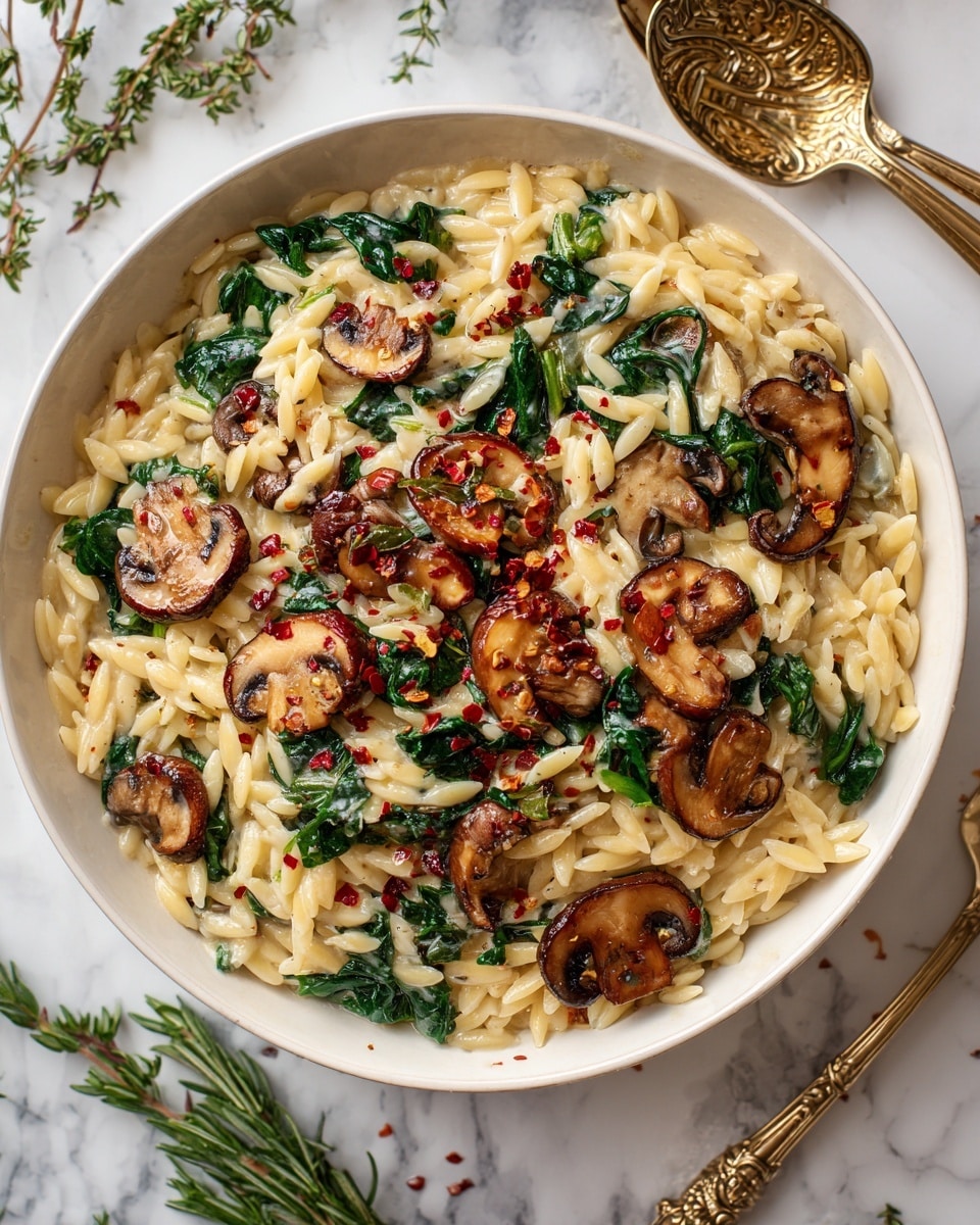 The image shows a white plate filled with orzo pasta mixed with sautéed mushrooms, fresh spinach, and small pieces of red chili flakes. The mushrooms are sliced and cooked to a golden brown with a slightly crispy texture, spread across the top and mixed throughout. The orzo is light golden, with the spinach leaves bright green and wilted, adding freshness and color. The red chili flakes are scattered on top, adding small pops of red. The plate rests on a white marbled surface with a fork and woman’s hand visible on the left side. The lighting is natural and warm, highlighting the textures and colors of the dish. photo taken with an iphone --ar 4:5 --v 7