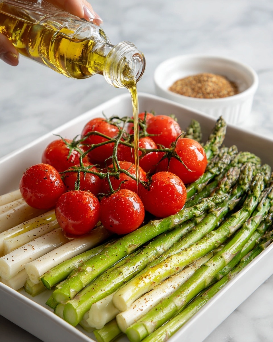 The image shows a white tray with two main layers of fresh vegetables. The bottom layer is bright green asparagus spears, arranged side by side with a smooth texture and some natural white spots. On top of the asparagus, there are clusters of red cherry tomatoes still attached to their green vines, shiny with a light coating of oil being poured from a clear glass bottle from the top right corner. In the background, there is a small white bowl with a mix of spices or seasoning, placed on a white marbled surface. A woman's hand holding the bottle is visible at the top right side of the image. photo taken with an iphone --ar 4:5 --v 7