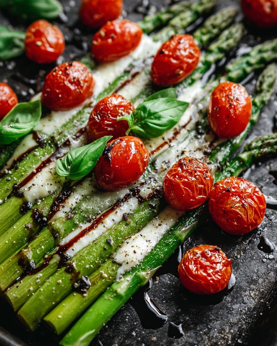 The image shows a dark baking tray with green asparagus spears laid in a row, topped with bright red cherry tomatoes, some whole and some sliced in half. The asparagus has melted creamy white cheese drizzled unevenly on top. Thin strips of fresh green basil are scattered over the tomatoes. A dark balsamic glaze is drizzled over the whole dish, adding shine and contrast. The tray has some black pepper and coarse salt sprinkled across it. The scene is set against a white marbled surface. photo taken with an iphone --ar 4:5 --v 7