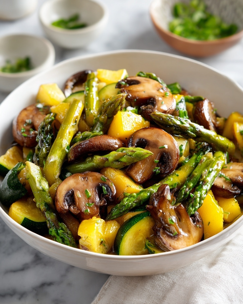 The dish shows a bowl filled with four layers of cooked vegetables: green asparagus with a smooth, slightly shiny texture scattered mostly on top on and sticking out to the sides; thick round slices of dark brown mushrooms with visible gills and char marks mixed throughout; bright yellow bell pepper chunks with a soft, glossy surface spread evenly; and chunky pieces of green and pale yellow zucchini cut into half-moons and cubes at the bottom. The vegetables are sprinkled with small green parsley leaves. The bowl is white and sits on a white marbled surface with a white cloth nearby, and three small white bowls with herbs and salt are seen blurred in the background. photo taken with an iphone --ar 4:5 --v 7