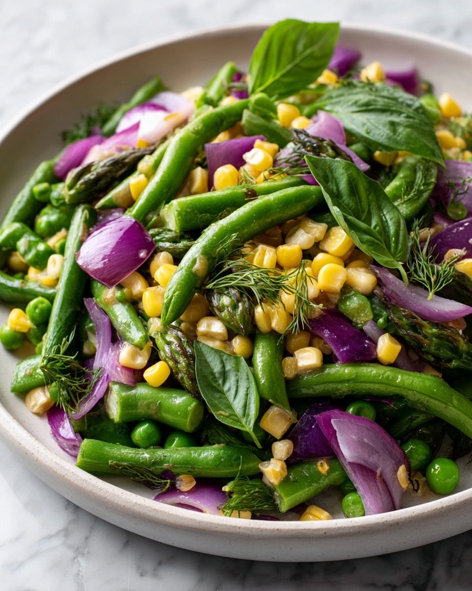 A close-up view of a fresh vegetable salad in a white bowl on a white marbled surface showing three main layers: the bottom layer is a thick mix of bright green asparagus pieces, mostly whole with a smooth texture; the middle layer consists of yellow corn kernels, some cut in small circular segments adding a pop of brightness; the top layer is a sprinkle of finely chopped red onion bits and fresh green dill sprigs scattered evenly across the salad, with a few spinach leaves peeking through the sides for added depth and color contrast. photo taken with an iphone --ar 4:5 --v 7