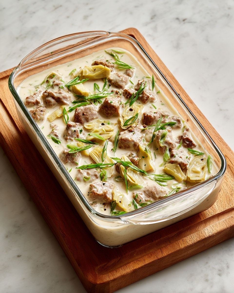 A clear glass rectangular dish holds a creamy, light beige liquid base with small, rough pieces of light brown meat scattered evenly throughout. There are pale yellow artichoke hearts cut into chunks and bright green thinly sliced scallions dispersed on the surface, creating a mixed pattern of colors and textures. The dish is placed on a light wooden board, which sits on a white marbled textured surface. Photo taken with an iphone --ar 4:5 --v 7