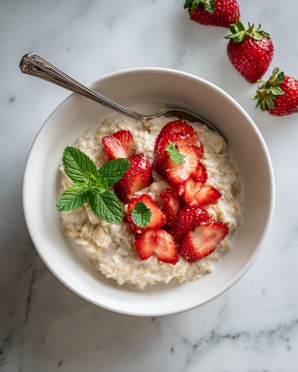 A white bowl filled with creamy oatmeal topped with six fresh strawberry halves arranged on one side, showing their bright red flesh and green leaves, along with a small bunch of green mint leaves near the strawberries. A metal spoon rests on the edge of the bowl. The bowl is placed on a white marbled surface with some strawberry halves scattered around it. photo taken with an iphone --ar 4:5 --v 7