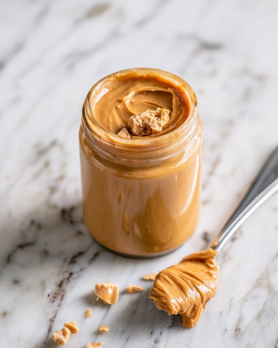 The image shows a small clear glass jar filled with creamy peanut butter that has a smooth and thick texture. The peanut butter is slightly overflowing a bit at the top, with a small peak on the surface. Around the jar, there are a few scattered whole peanuts on a white marbled surface. To the right side of the jar, there is a silver spoon lying flat, holding a dollop of peanut butter. The background is softly blurred with a light, neutral tone to keep focus on the jar and spoon. Photo taken with an iphone --ar 4:5 --v 7