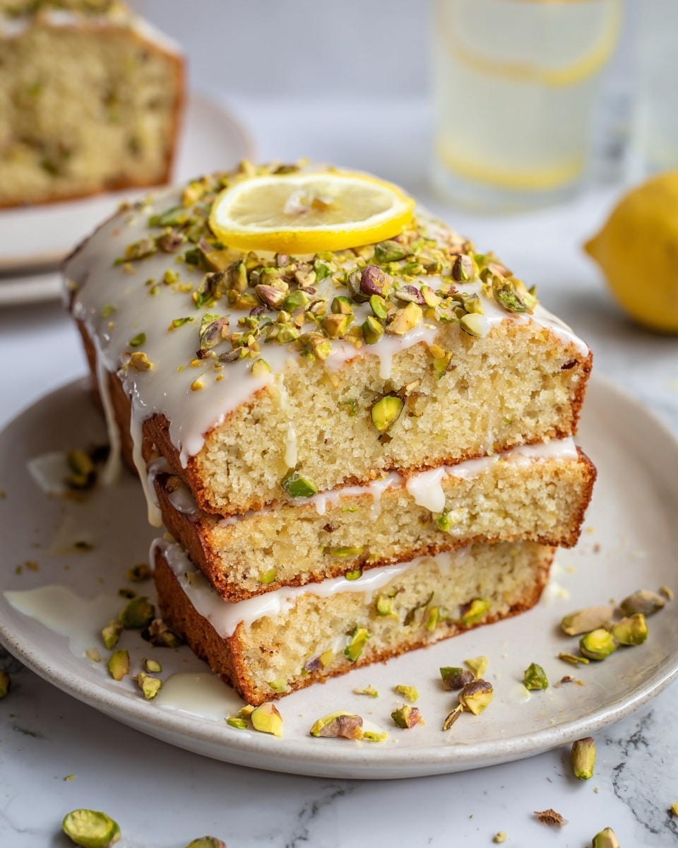 A loaf cake with two visible slices laid in front on a white plate is shown. The cake has a light tan, moist, crumbly texture with small green nut pieces mixed inside. A thick white glaze drips over the top and down the sides of the cake, sprinkled with crushed green nuts. On top of the whole loaf is a cheerful yellow lemon slice. The background is a white marbled surface with a glass of water and lemon half slightly blurred in the back. photo taken with an iphone --ar 4:5 --v 7