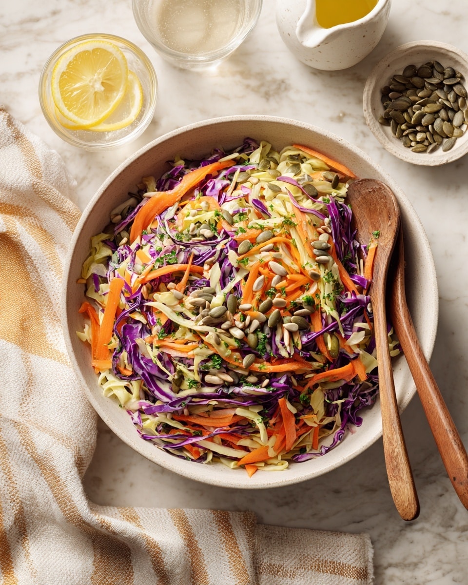 A large white bowl filled with a colorful layered salad featuring shredded green cabbage, thin slices of orange carrot ribbons, and purple cabbage mixed together with some green herbs sprinkled on top. The salad is sprinkled with light brown seeds. Two wooden spoons rest inside the bowl on the right side. Around the bowl, there is a white marbled surface with a white dish holding seeds on the top right, a small white container with a yellow liquid dressing on the bottom left, a striped blue and beige cloth to the left, and two glasses of water with lemon slices visible at the top and bottom right edges. photo taken with an iphone --ar 4:5 --v 7
