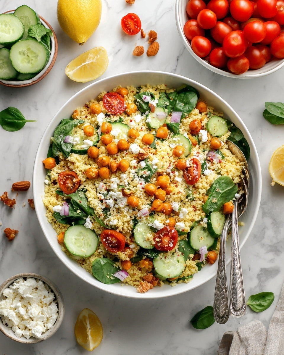 A large white bowl sits on a white marbled surface, filled with a colorful salad made of small round pearl couscous, bright red cherry tomatoes both whole and halved, light brown roasted chickpeas, cucumber slices, and fresh green basil leaves. Crumbled white cheese is scattered throughout the salad, adding contrast. Two silver spoons rest inside the bowl, partially submerged in the mix. Around the bowl, there are scattered cherry tomatoes, a white bowl with more tomatoes, small white dishes with crumbled cheese and cucumber slices, lemon halves, fresh green herbs, and a small bottle of olive oil. The overall look is fresh, bright, and inviting. Photo taken with an iphone --ar 4:5 --v 7