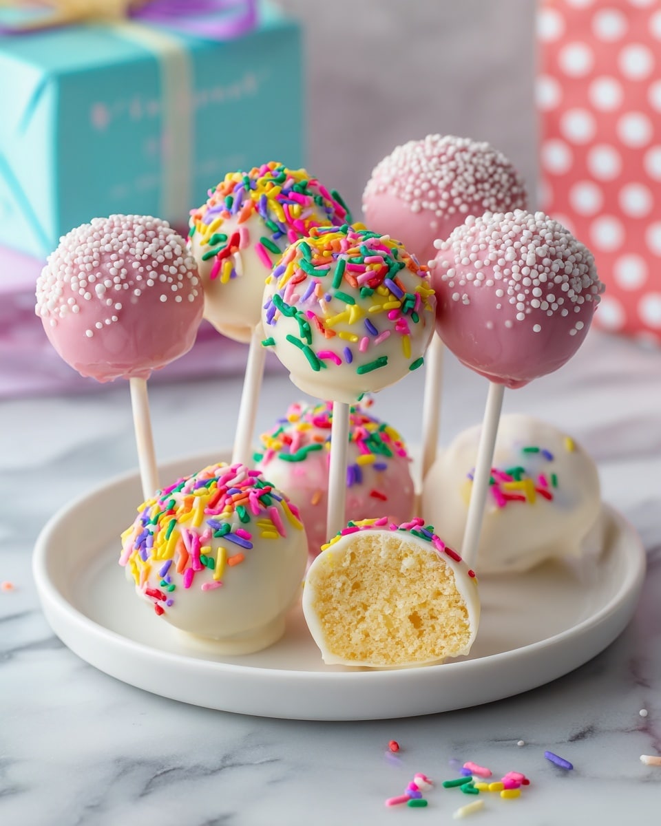 The image shows a white plate full of cake pops with sticks pointing outwards. There are two main layers of cake pops: a pink coating with small white round sprinkles and a white coating decorated with colorful long sprinkles. One cake pop in the front is bitten, revealing a light beige crumbly cake inside. The background is a white marbled texture with some colorful sprinkles scattered around, and there is a small bowl with more sprinkles on the lower left side. photo taken with an iphone --ar 4:5 --v 7