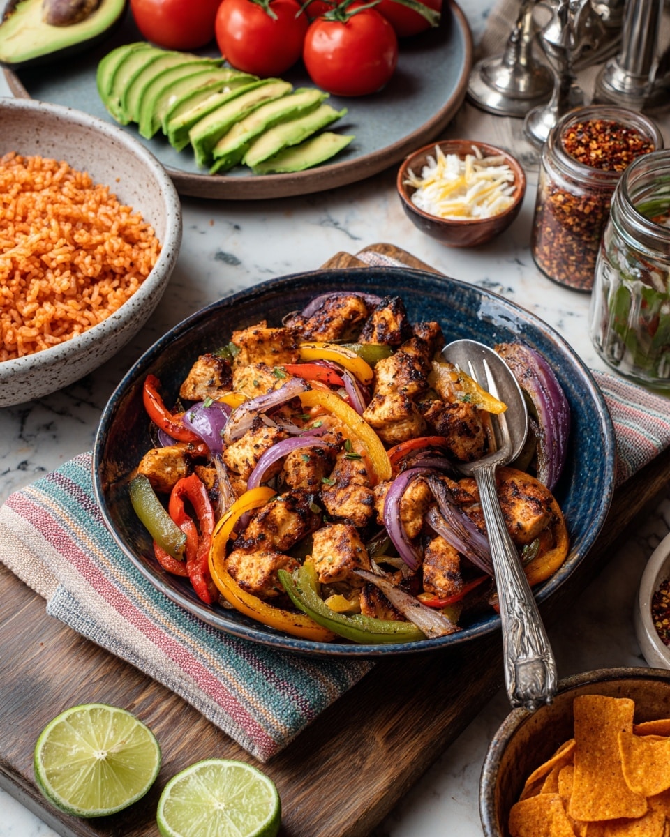 A dark blue bowl filled with grilled chicken pieces mixed with cooked orange, red, and yellow bell pepper strips and purple onion slices, all showing a slight char. A metal fork with a dark handle rests on the right edge of the bowl. The bowl is on a wooden board with a striped cloth underneath, and two lime wedges lay beside the bowl on the board. Behind, a gray bowl contains red seasoned rice with a spoon in it, while a plate with sliced green avocado and half avocado with seed sits to the left. A cluster of whole red tomatoes and a small jar with red pepper flakes, its lid off, are also visible on a white marbled surface. A metal bowl with orange chips is to the right, along with a glass bottle and other small bowls partially showing sour cream and cheese. Photo taken with an iphone --ar 4:5 --v 7