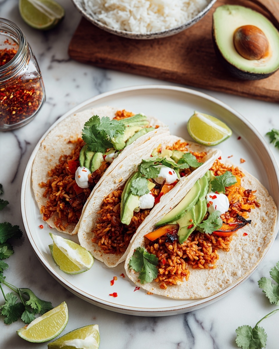 Two soft white tortillas lie open on a white plate, each filled with three layers: the base layer of reddish rice with a slightly glossy texture, topped with golden-brown grilled chicken pieces, and avocado slices arranged vertically showing bright green and creamy texture. The top layer on one taco has dollops of white sour cream and fresh green cilantro leaves adding color contrast. In the background on a white marbled surface, there is a halved avocado, a bowl filled with reddish rice, lime wedges on a wooden board, and a glass jar of chili flakes. Photo taken with an iphone --ar 4:5 --v 7