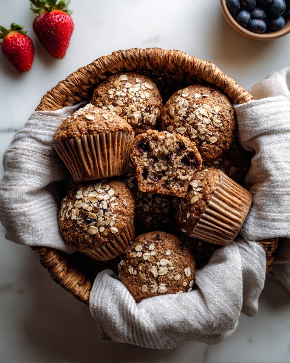 A round woven basket holds about a dozen oatmeal muffins lined with pale brown paper wrappers. Each muffin has a golden-brown top sprinkled with oats, and the inside of one muffin is visible, showing dark raisins and a moist texture. The basket is lined with a light beige striped cloth. Around the basket on a white marbled surface, there is one red strawberry and a partial view of a white bowl with blueberries. Photo taken with an iphone --ar 4:5 --v 7