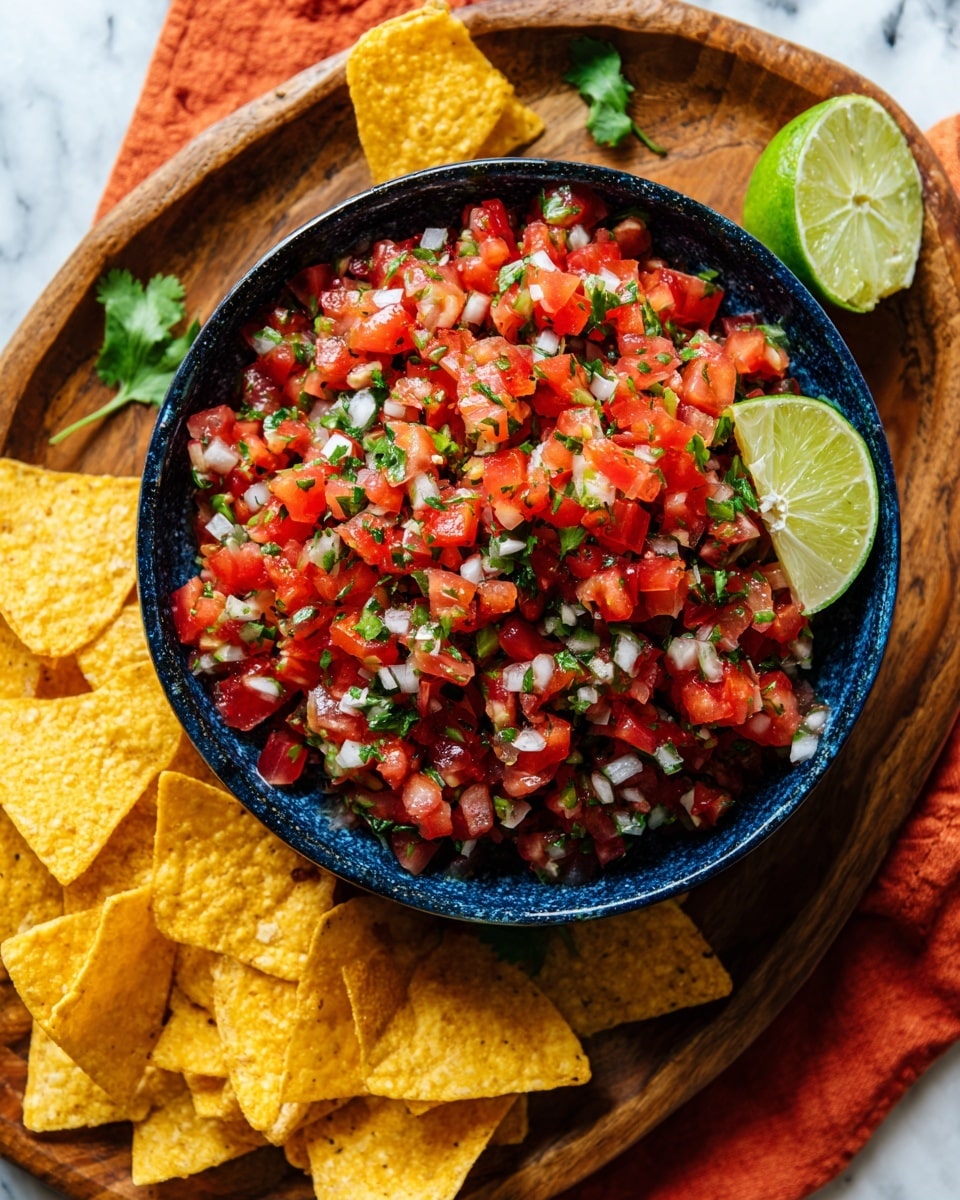 The image shows a blue wavy-edged bowl filled with freshly chopped salsa. The salsa has three main layers: tiny red diced tomatoes, small white diced onions, and green cilantro leaves scattered throughout. The bowl is placed on a wooden board surrounded by crispy yellow tortilla chips and a green lime half. An orange cloth is in the upper background on a white marbled surface. The colors are bright and fresh, highlighting the mix of tomato red, onion white, and green herbs. Photo taken with an iphone --ar 4:5 --v 7