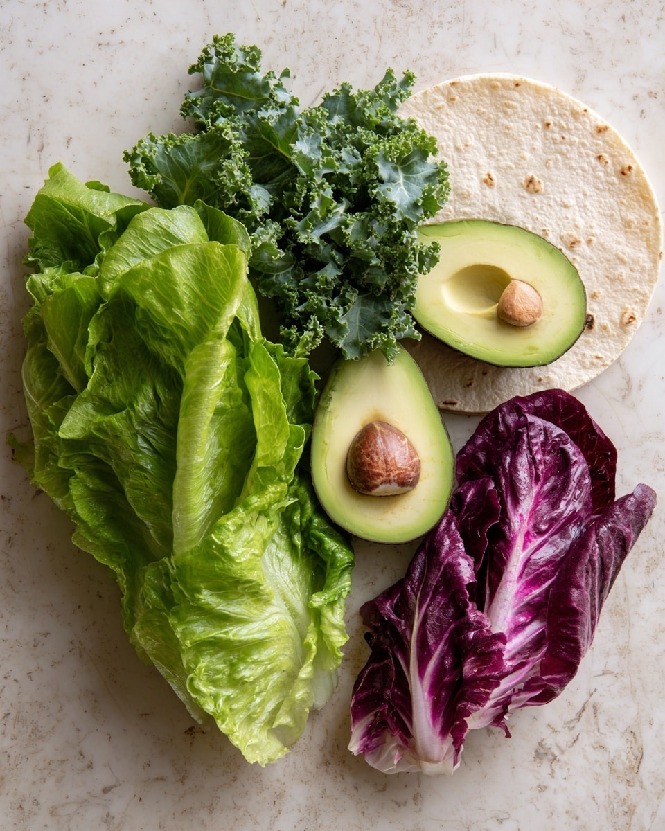 The image shows a top view of fresh ingredients for a wrap or salad arranged on a white marbled surface. On the bottom left is a pile of bright green romaine lettuce leaves alongside dark green curly kale. In the middle, an avocado is cut in half, showing light green flesh and a large brown seed in one half. To the right of the avocado are two purplish-pink radicchio leaves placed on a light beige tortilla. The colors are fresh and vibrant, with the leafy greens and avocado creating a mix of textures from soft to crisp. Photo taken with an iphone --ar 4:5 --v 7