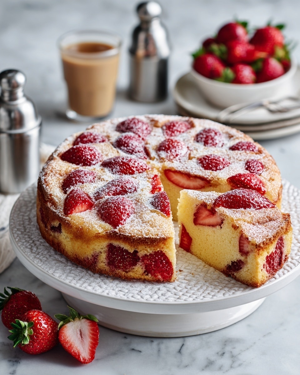 A round cake with one thick layer of golden-yellow sponge topped with several halved strawberries pressed onto the surface. The strawberries are bright red with a juicy texture, arranged evenly, creating a spotted pattern on top. The cake is dusted with fine white powdered sugar, adding a light snow-like effect. A large wedge is missing from the cake, showing the soft, moist interior. The cake sits on a decorative white cake stand with cut-out details, all placed on a white marbled surface. In the background, there are clear glasses, a glass with a spoon and a light brown drink, a metal shaker, and a white bowl filled with whole strawberries. Photo taken with an iphone --ar 4:5 --v 7