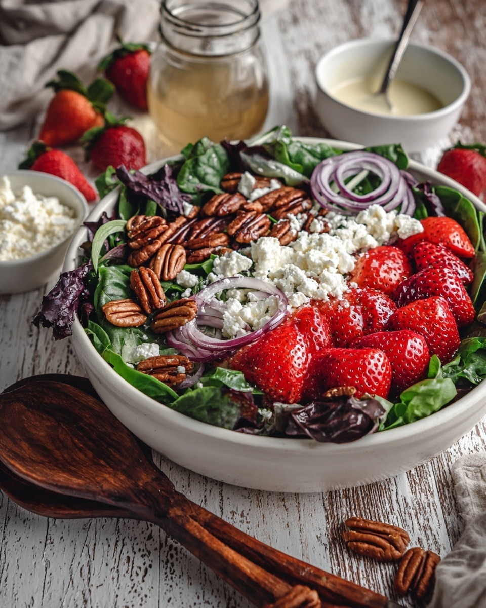 A large white bowl filled with a fresh layered salad sits on a rustic wooden table with a white marbled texture surface. The salad has a base layer of dark purple and green leafy greens, topped with bright red strawberry halves spread evenly across the bowl. Scattered throughout are crunchy dark brown pecans and thin rings of light purple onion slices. The dish is finished with a layer of crumbly white cheese sprinkled on top. Nearby on the table is a wooden spoon with dark handles, a small white bowl filled with extra white cheese, and a glass jar of dressing in the background with a metal spoon inside. Photo taken with an iphone --ar 4:5 --v 7
