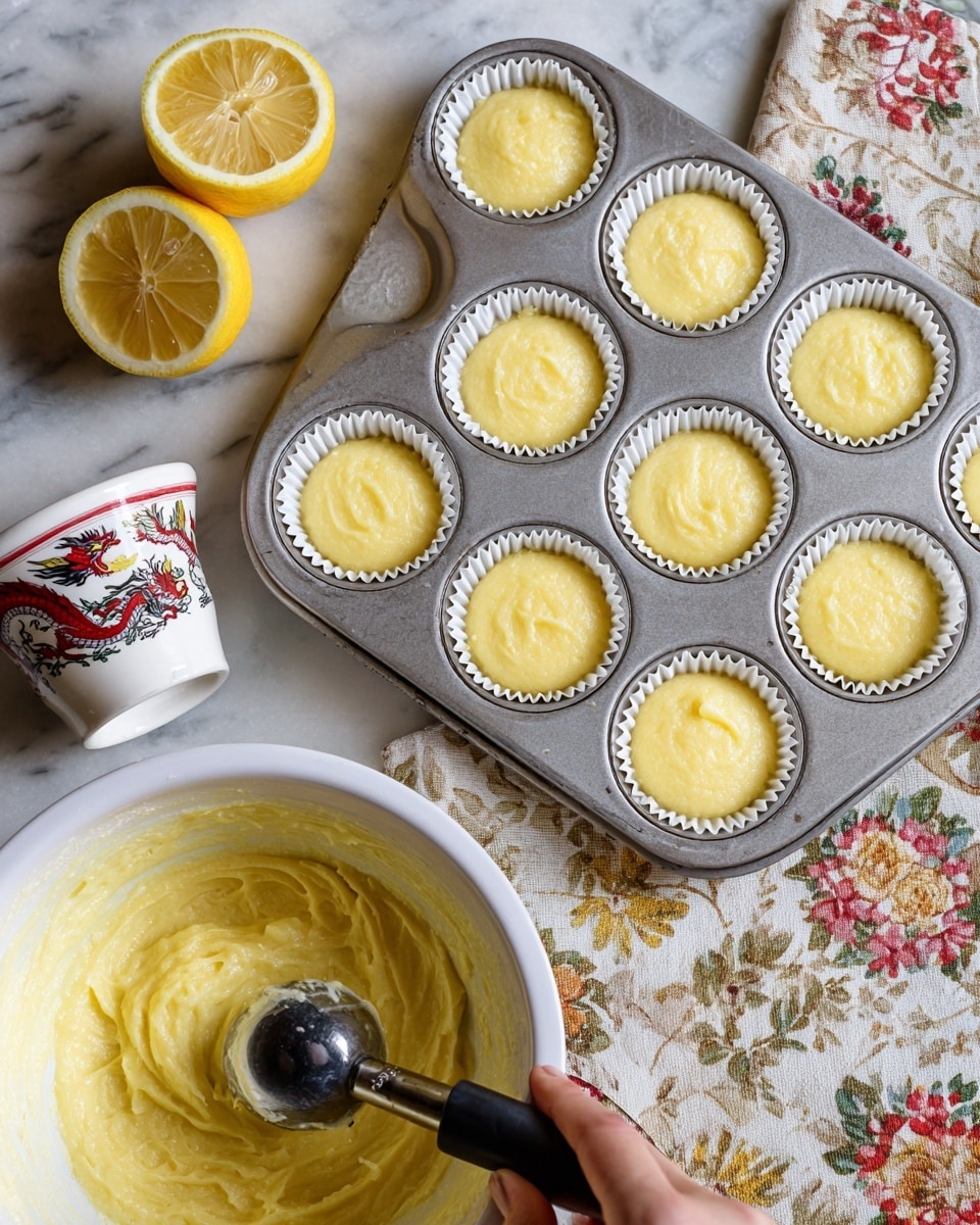A silver muffin tray with twelve round holes, each lined with white paper cups filled with light yellow, thick batter, sitting on a white marbled surface. Above the tray are two halves of a fresh yellow lemon, with visible seeds and juicy texture. On the top left side, there is a white cup decorated with a black and red dragon pattern. Below the tray, a white mixing bowl holds more same-colored batter with a black-handled ice cream scoop partially submerged in it. A woman's hand holds the scoop. The lower part of the image shows a patterned cloth with flowers and leaves. Photo taken with an iphone --ar 4:5 --v 7