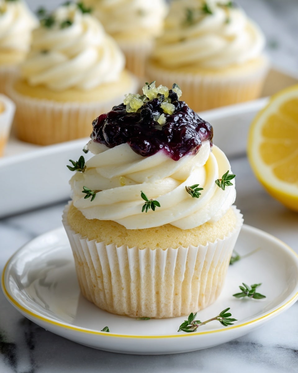 A single cupcake with a light yellow base in a white paper liner sits on a white plate with a thin yellow rim. On top of the cupcake is a thick swirl of creamy, pale frosting, decorated with small, fresh green thyme leaves around its edge. In the center of the frosting is a dollop of dark purple jam topped with small pieces of black and green fruit, perhaps blueberries, adding a glossy contrast. In the background, more similar cupcakes rest on a white rectangular tray, blurred out, all placed on a white marbled surface. Half a lemon is visible to the right. Photo taken with an iphone --ar 4:5 --v 7