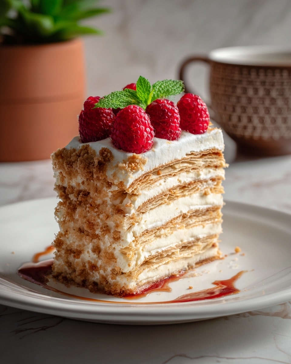 The image shows a tall slice of a layered dessert on a white plate, placed on a white marbled surface. The dessert has five visible layers of thin, crisp golden-brown pastry separated by creamy white filling. On top, there is a layer of textured white cream with sprinkled brown crumbs, decorated with several bright red raspberries and a small green mint leaf in the center. A streak of reddish syrup lies on the plate near the front of the dessert. In the background, there is a blurred brown-patterned cup and a plant in a terracotta pot. Photo taken with an iphone --ar 4:5 --v 7