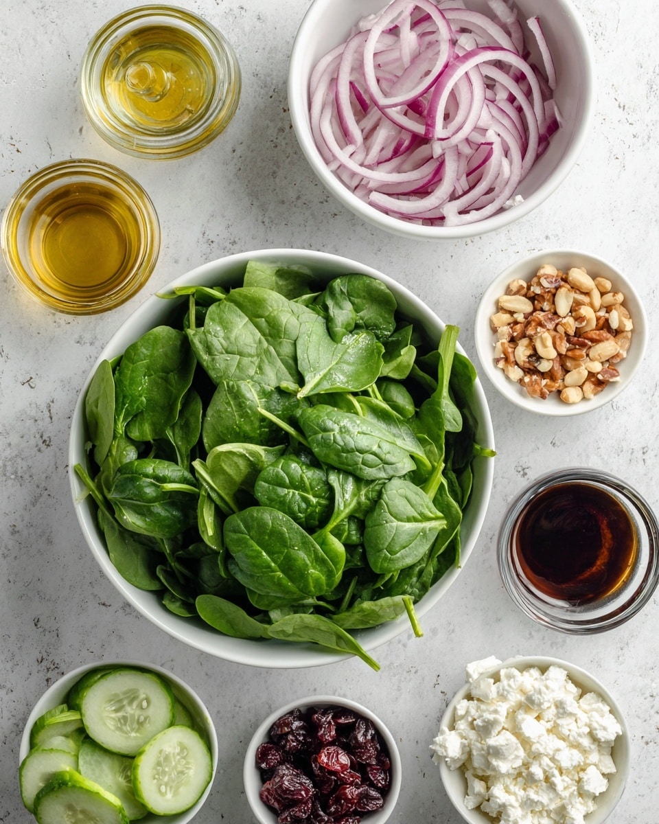 A white bowl filled with fresh green spinach leaves sits on a white marbled surface. Around the bowl are small white bowls containing bright green cucumber slices, thinly sliced red onions, white crumbled feta cheese, dark red dried cranberries, and light brown nuts. There are also glass containers with golden olive oil and dark balsamic vinegar, and a small clear bowl with a brown spice. The colors of the ingredients contrast nicely with the green spinach and the clean white bowls, all on the white marbled background. photo taken with an iphone --ar 4:5 --v 7