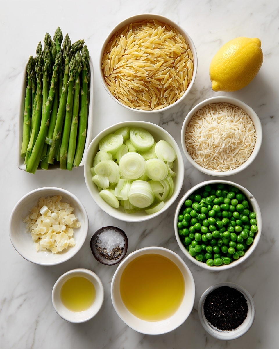 The image shows nine white bowls on a white marbled surface, each filled with different ingredients arranged neatly. Starting from the top left, there is bright green asparagus with a smooth texture. Next to it, golden uncooked orzo pasta grains fill the bowl. Below, light green thick slices of leek are seen in one bowl, while adjacent to it, a small bowl contains minced garlic with a soft, light texture. On the side, chopped green onions add a fresh, vibrant touch. Another bowl holds round, frozen green peas, textured with frost. Near the center bottom, two small bowls contain black pepper and white salt, providing contrast. Near them, a bowl of yellowish melted butter or oil with a smooth surface is placed. A single bright yellow lemon rests on the white marbled surface next to the bowls. The composition is neat and colorful. photo taken with an iphone --ar 4:5 --v 7