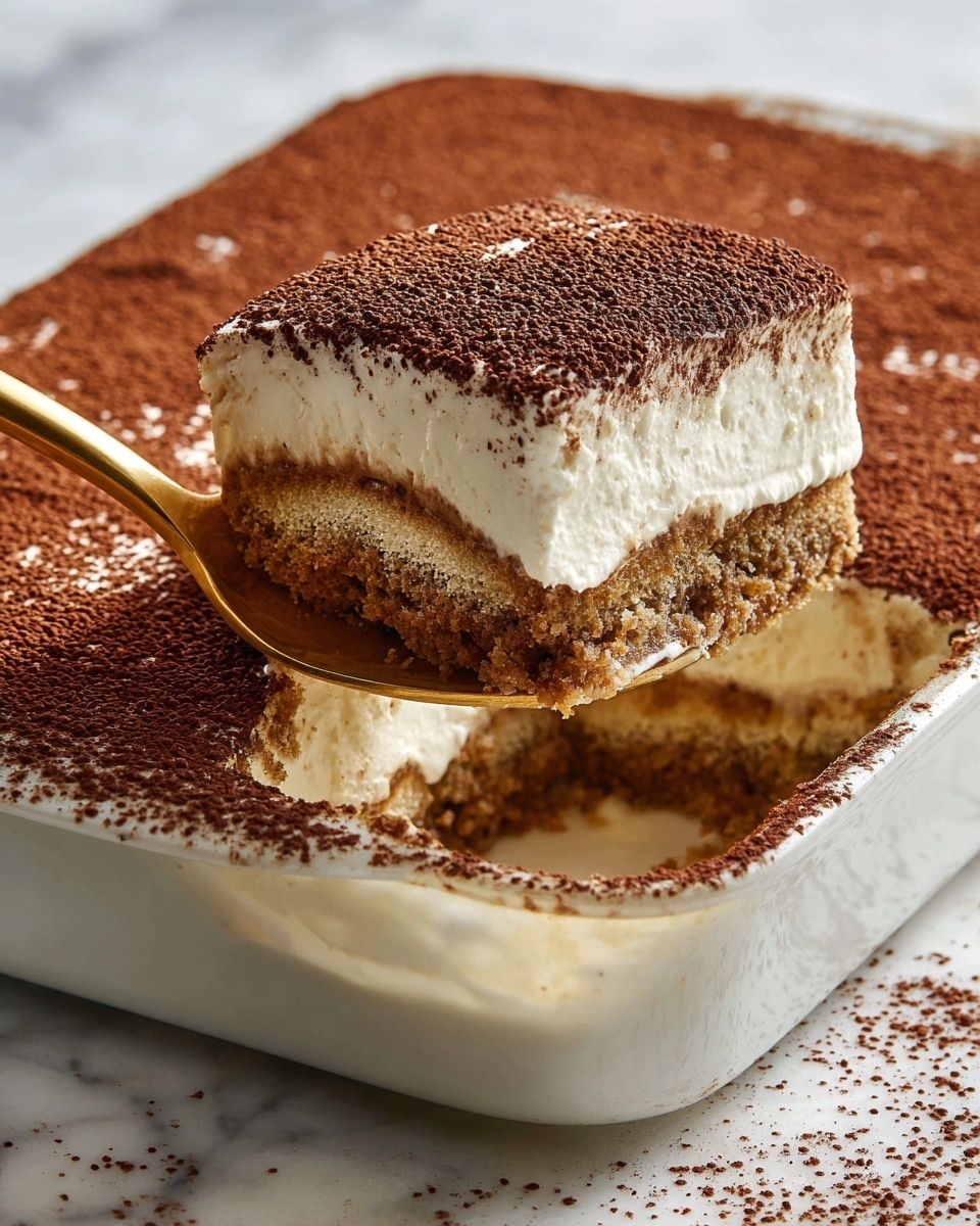 A close-up view of a dessert in a clear glass rectangular dish resting on a white marbled surface. The dessert has three visible layers: the bottom layer is a light brown, crumbly cake texture; the middle layer is a thick white creamy layer that looks soft and smooth; the top layer is a very dark brown powder sprinkled evenly across the surface, with some powder dusted slightly on the edges. A gold spoon held by a woman's hand is lifting a portion of the dessert, showing the distinct layers clearly. Photo taken with an iphone --ar 4:5 --v 7