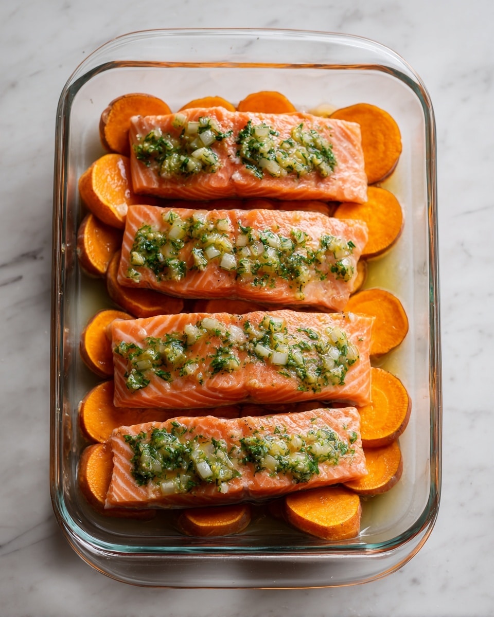 The image shows four raw salmon fillets placed in a clear glass baking dish on a white marbled surface. Each salmon fillet has a layer of light green herb butter spread on top, with small visible chunks and herbs in it. Underneath the fillets, there are round slices of bright orange sweet potatoes arranged in a single layer. The glass dish has curved edges and a glossy finish. The lighting highlights the pinkish-orange color of the salmon and the soft texture of the herb butter. Photo taken with an iphone --ar 4:5 --v 7