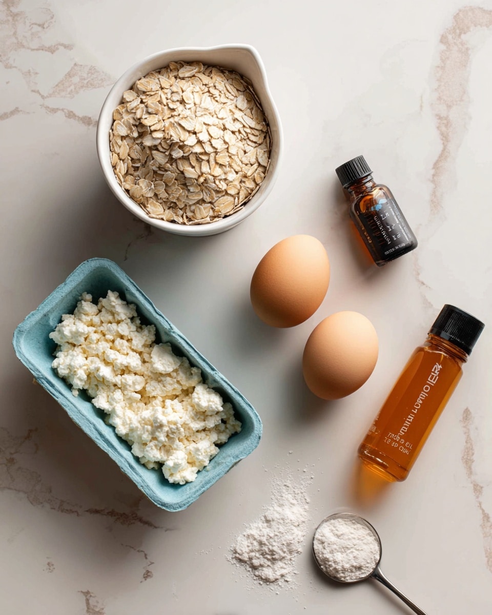 The image shows six cooking ingredients placed on a white marbled surface: a white measuring cup filled with light beige rolled oats at the top left, a light blue carton of cottage cheese below it, two brown eggs side by side in the middle, a dark brown bottle of vanilla extract with a black cap at the top right, a small silver teaspoon with white powder inside at the bottom right, and an orange plastic bottle of organic unfiltered honey lying diagonally near the eggs and carton. The items are all well lit with soft shadows. Photo taken with an iphone --ar 4:5 --v 7