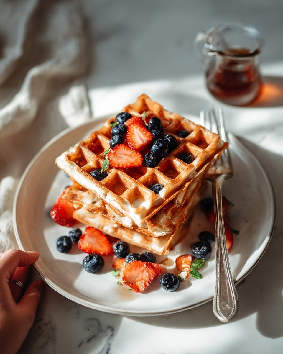 A stack of three golden waffles sits in the center of a white plate on a white marbled surface. The waffles have a crisp texture with deep square pockets filled with fresh blueberries. Around the waffles, sliced red strawberries add a splash of color, and more blueberries are scattered nearby. At the back, there is a small glass jug filled with syrup. A woman’s hand holding a silver fork rests on the right edge of the plate. The scene is softly lit with natural light, creating a warm and inviting feeling. photo taken with an iphone --ar 4:5 --v 7