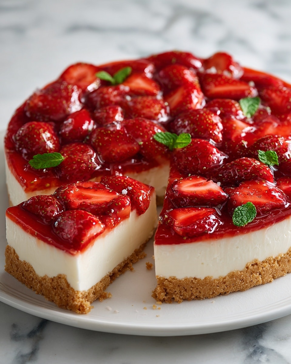 A round tart with a golden, thick crust on the bottom and sides forms the base layer. On top of the crust is a smooth, creamy white filling that covers the whole surface evenly. The top layer is full of sliced and whole strawberries coated in a shiny red glaze, giving a fresh and glossy look. Small green mint leaves are scattered on the strawberries for a pop of color. One slice is slightly pulled out, showing all three layers clearly. The tart sits on a white plate against a white marbled background. Photo taken with an iphone --ar 4:5 --v 7