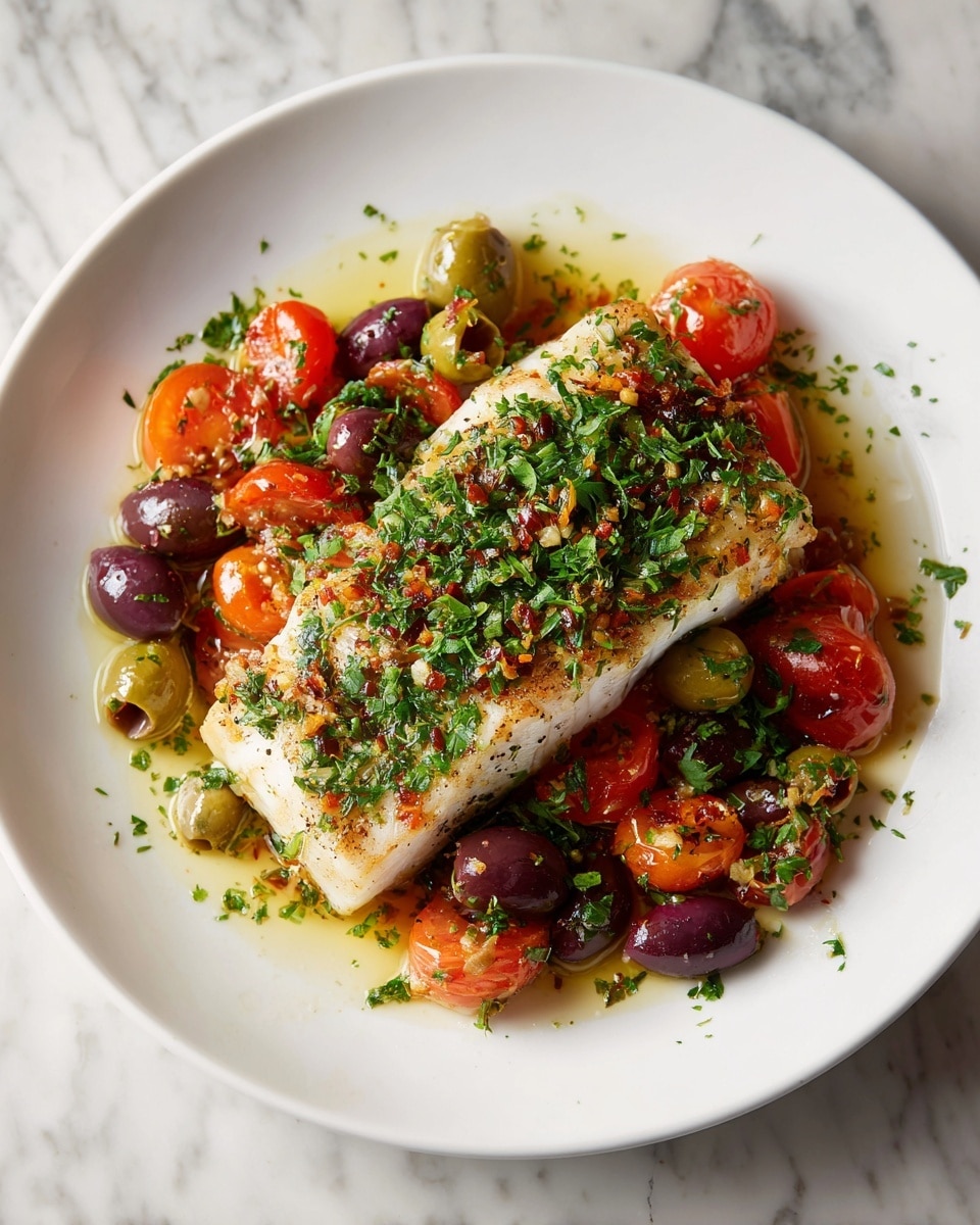 A golden-brown cooked fish fillet lies in the center of a white plate. It is topped with fresh green herbs and small chopped green leaves scattered on top. Surrounding the fish is a colorful mix of bright red cherry tomatoes, some whole and some slightly crushed, along with light green and dark purple olives, all sitting in a light oil sauce that glistens. The white plate rests on a white marbled surface. photo taken with an iphone --ar 4:5 --v 7