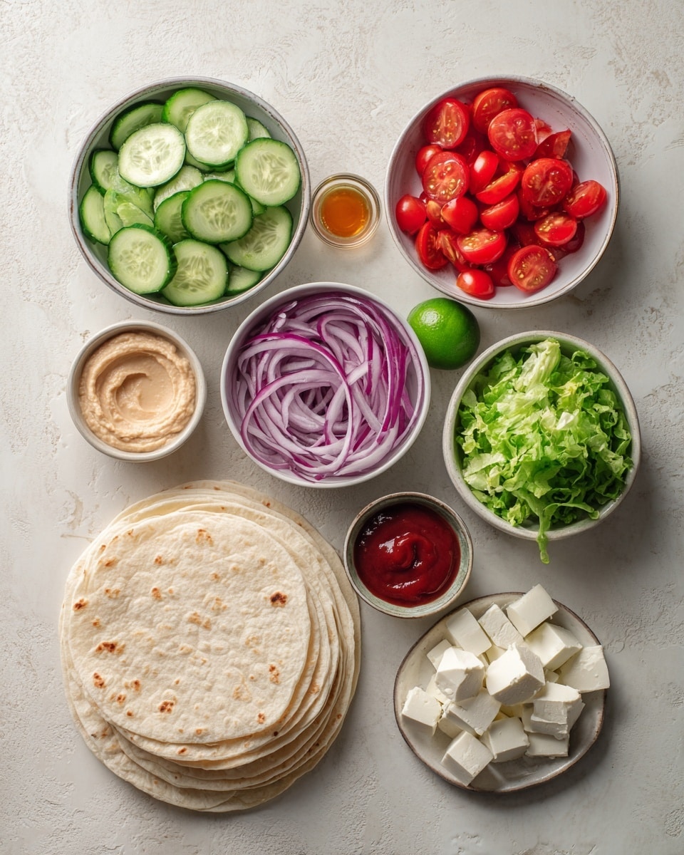 The image shows an overhead view of several small white bowls and a stack of white tortillas on a white marbled surface. The bowls contain different fresh ingredients arranged neatly: one bowl has thinly sliced cucumbers in green shades, another holds bright red halved cherry tomatoes, a third has thin purple slices of red onion, and one contains chopped green lettuce. There’s a small bowl filled with smooth, light beige hummus and another with rich red ketchup-like sauce. A tiny bowl holds golden honey or syrup, and another has a darker red sauce. A plate with large white chunks of cheese is also present, alongside a whole fresh green lime in the center. The composition is clean and vibrant with natural colors. Photo taken with an iphone --ar 4:5 --v 7