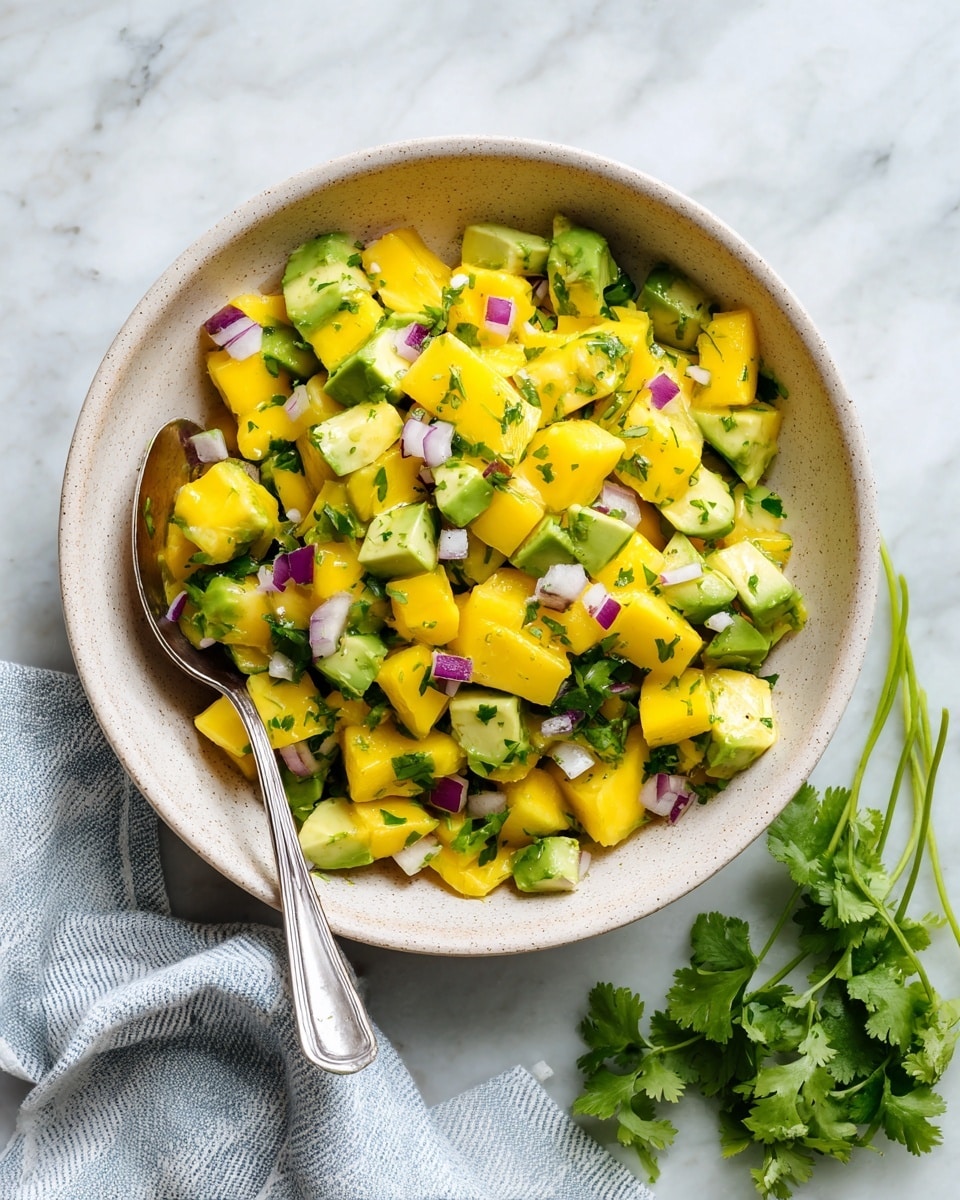 The image shows a bowl filled with a colorful mango and avocado salad. There are two main layers of diced yellow mango and green avocado pieces mixed evenly throughout. Small bits of finely chopped red onion and green herbs are spread across the salad, adding texture and color contrast. Some cilantro leaves are placed on top as garnish. A silver spoon rests in the bowl on the left side. The bowl itself is light grey with brown specks, sitting on a white marbled surface with a small bunch of cilantro nearby. Photo taken with an iphone --ar 4:5 --v 7