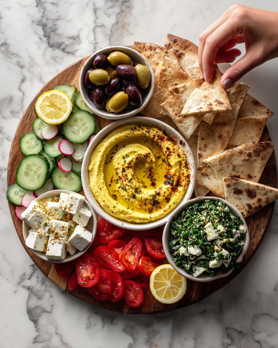 A wooden board holds six white bowls and many fresh vegetables and pita triangles around them. At the top right, one white bowl has creamy hummus topped with olive oil and a sprinkle of red spice, surrounded by golden pita triangles, with a woman's hand dipping a pita piece into it. Below it, another bowl is filled with green and black olives and a lemon wedge on the edge. To the bottom right, a bowl has green tabbouleh salad garnished with a lemon wedge. At the bottom left, a bowl contains white feta cheese cubes sprinkled with herbs. Above it, another bowl has beige baba ganoush drizzled with olive oil and chopped parsley. Fresh sliced cucumbers, radishes, and tomato wedges fill the spaces between the bowls in bright green, red, and white colors, all placed on a white marbled surface photo taken with an iphone --ar 4:5 --v 7