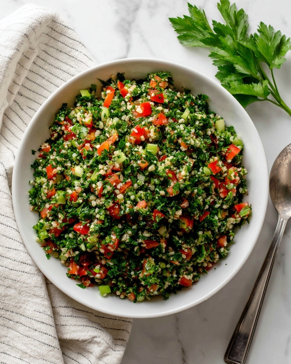 A large white bowl filled with tabbouleh salad made of finely chopped green parsley, small pieces of diced red tomato, light green sliced spring onions, and tiny pale tan grains of bulgur wheat or quinoa, all mixed together evenly. The bowl sits on a white marbled surface with a pale striped cloth napkin to the left and a silver spoon to the right. A sprig of fresh parsley is placed on the surface near the top right of the bowl. The colors are bright and fresh, showing a mix of green, red, and neutral tones. photo taken with an iphone --ar 4:5 --v 7