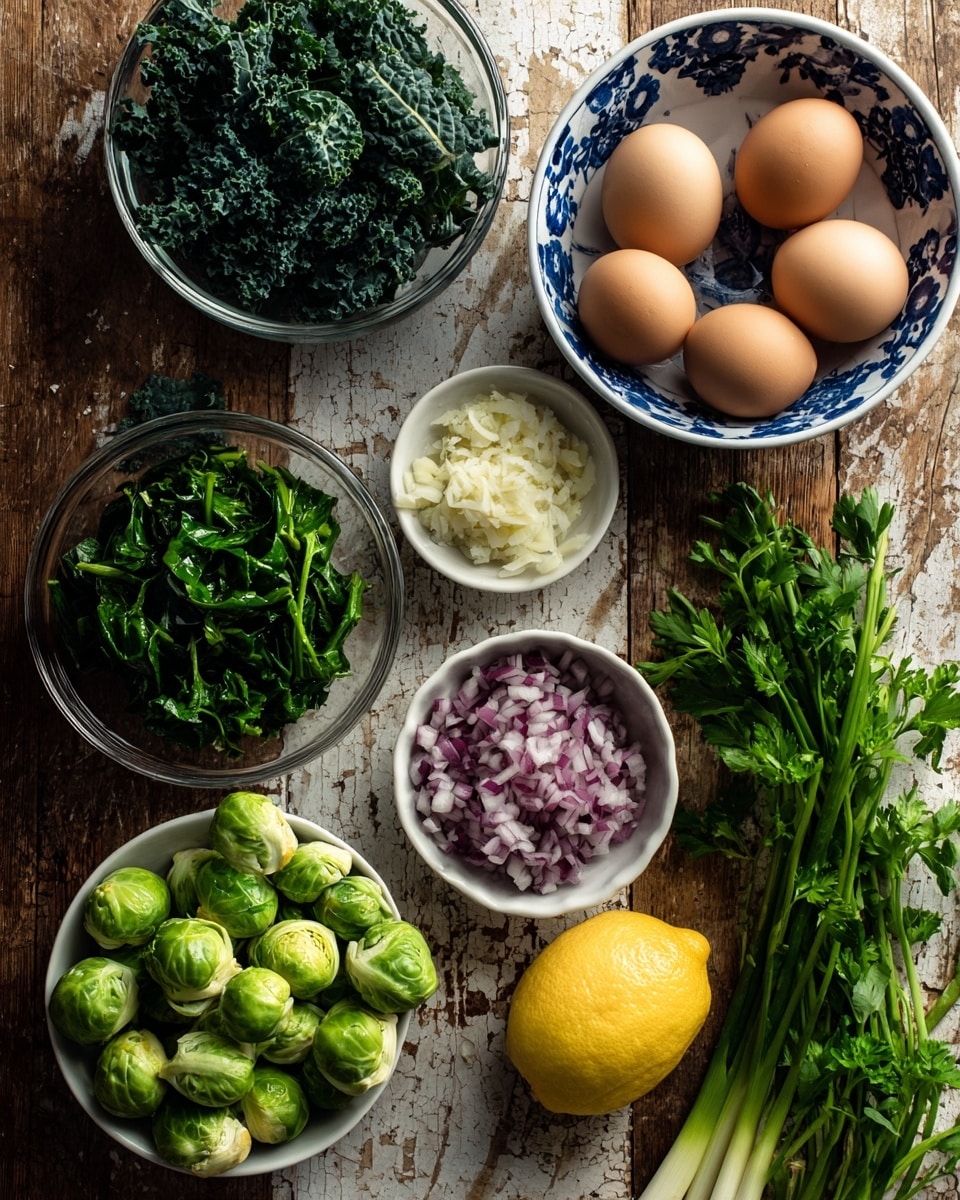 The image shows a top view of various fresh ingredients spread out on a rustic wooden surface with a white marbled texture background. There are six whole brown eggs in a white bowl with blue patterns on the top right. Below it, a small white bowl holds finely chopped red onions. Below the onions is a white bowl containing minced garlic. To the left, there is a clear glass bowl filled with fresh spinach leaves, and above it, another clear glass bowl filled with curly kale leaves. At the bottom left, a white bowl contains several bright green Brussels sprouts. To the right of the bowls, there is half a lemon, some fresh parsley, and a bunch of green onions laid out on the surface. The overall colors are fresh green and earthy tones with the brightness of the lemon and eggs, showing a natural and healthy theme. Photo taken with an iphone --ar 4:5 --v 7