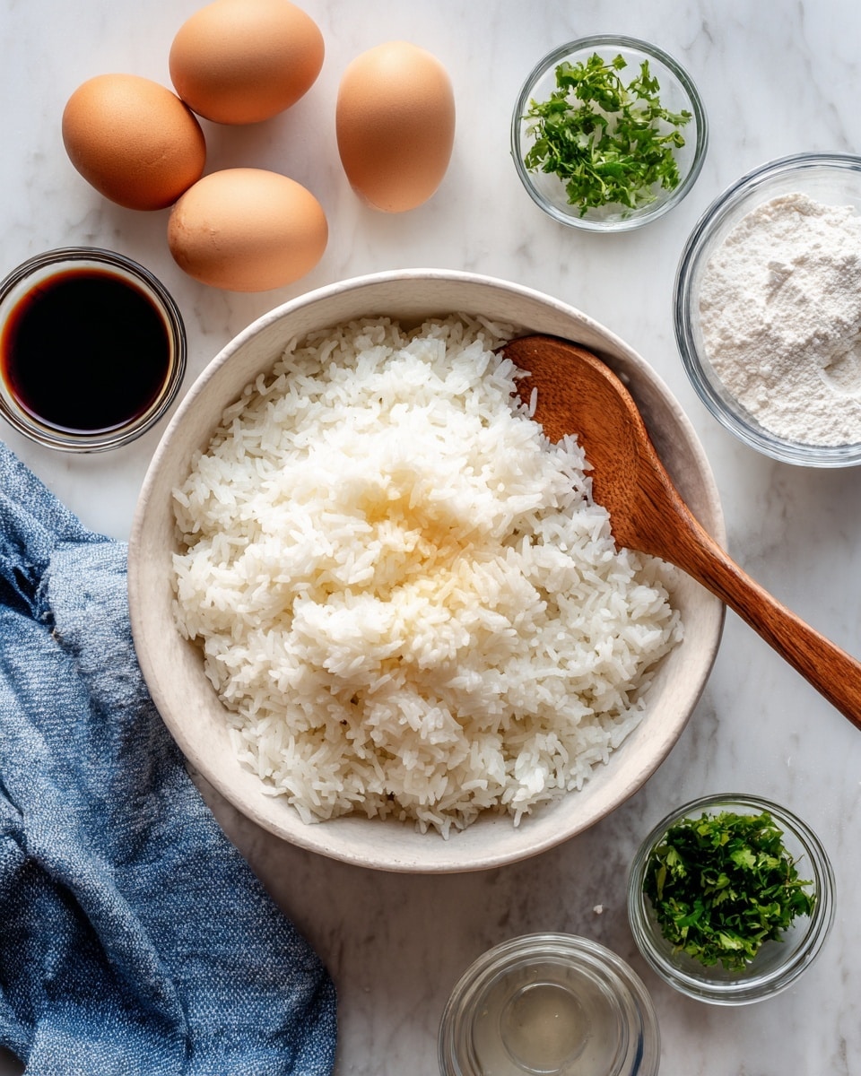 The image shows a white bowl filled with fluffy white rice with two brown eggs resting on top. A small wooden spoon is placed inside the bowl over the rice. Surrounding the bowl on a white marbled surface are small clear glass bowls containing green chopped herbs, a liquid that looks like water, and soy sauce, along with two empty small clear bowls. A blue and white cloth napkin is to the left of the bowl. photo taken with an iphone --ar 4:5 --v 7