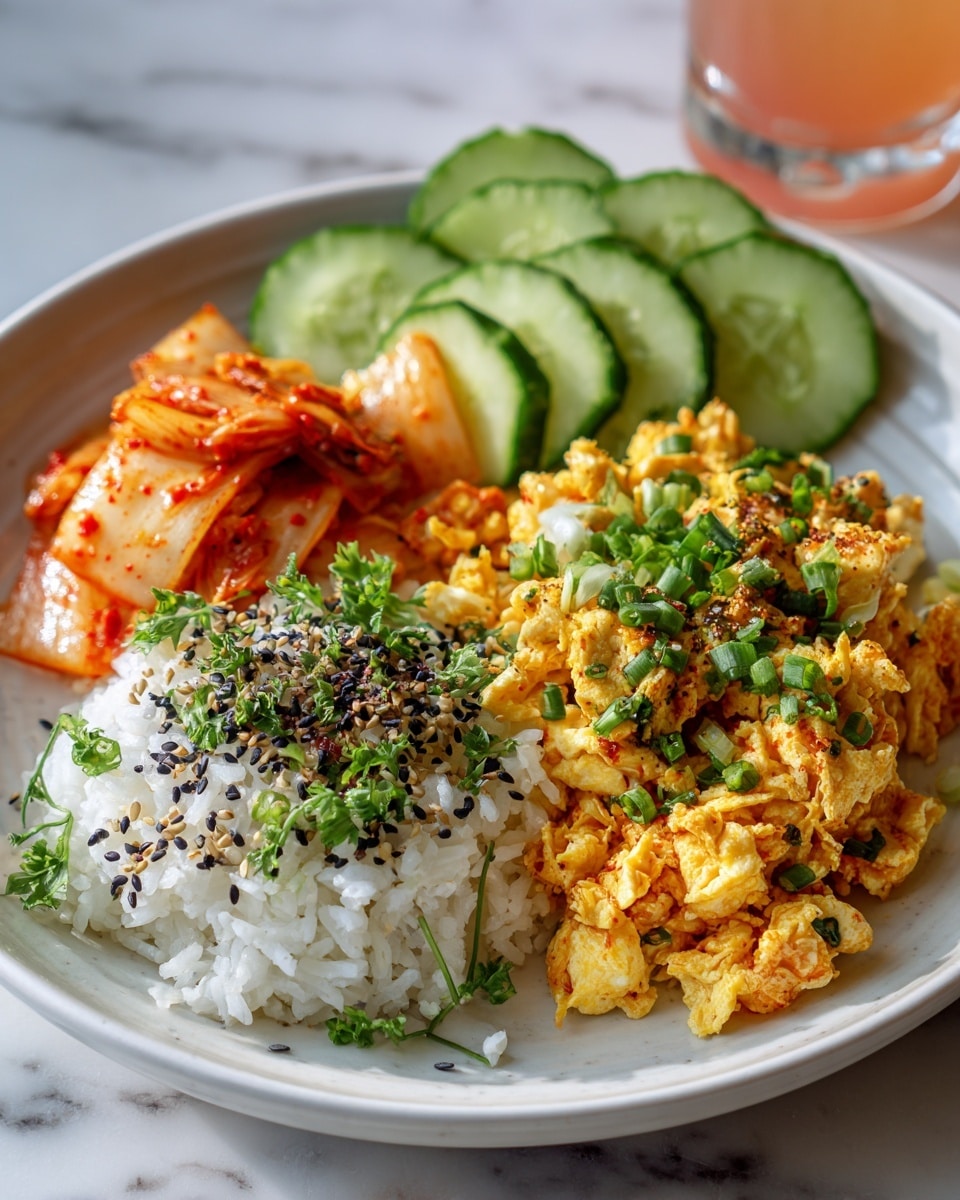 A white bowl on a white marbled surface holds a meal with four main layers. The base layer is white rice sprinkled with black and white seeds and minced herbs. On the right side, there is a thick layer of golden-yellow scrambled eggs mixed with chopped green onions. On the top back side, there is a pile of thinly sliced bright green cucumbers. On the left side in front, there are folded slices of light orange-brown kimchi with red chili flakes. In the background, there is a blurred tall glass of light green drink. Photo taken with an iphone --ar 4:5 --v 7