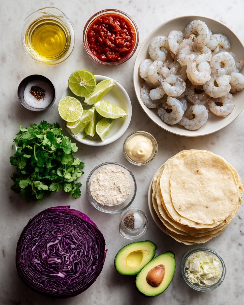 The image shows a flat arrangement of cooking ingredients on a white marbled surface. In the center right, a white bowl holds raw shrimp, pale gray with some pinkish hues, slightly curled. To its right are two avocado halves with green flesh and a brown pit in one, next to a fresh bunch of bright green cilantro. Below the shrimp is a small bowl filled with white powder. Next to it, on the lower right, is a neat stack of light yellow corn tortillas. In the front center sits a whole, uncut purple cabbage with a smooth shiny texture. Just left of the cabbage is a small glass bowl with pale beige powder. Further left is a peeled light yellow onion. Nearby, a small clear bowl contains coarse salt, and another glass bowl holds black pepper. Above the spices are finely grated yellow garlic pieces in another small bowl and creamy light yellow mayonnaise in a larger bowl. At the top left are a glass of pale yellow oil, a small bowl of red chili sauce with a chunky texture, and a white plate with bright green lime wedges arranged in a circle. Finally, a clear small bowl with reddish sauce sits next to the lime, completing the layout. Photo taken with an iphone --ar 4:5 --v 7