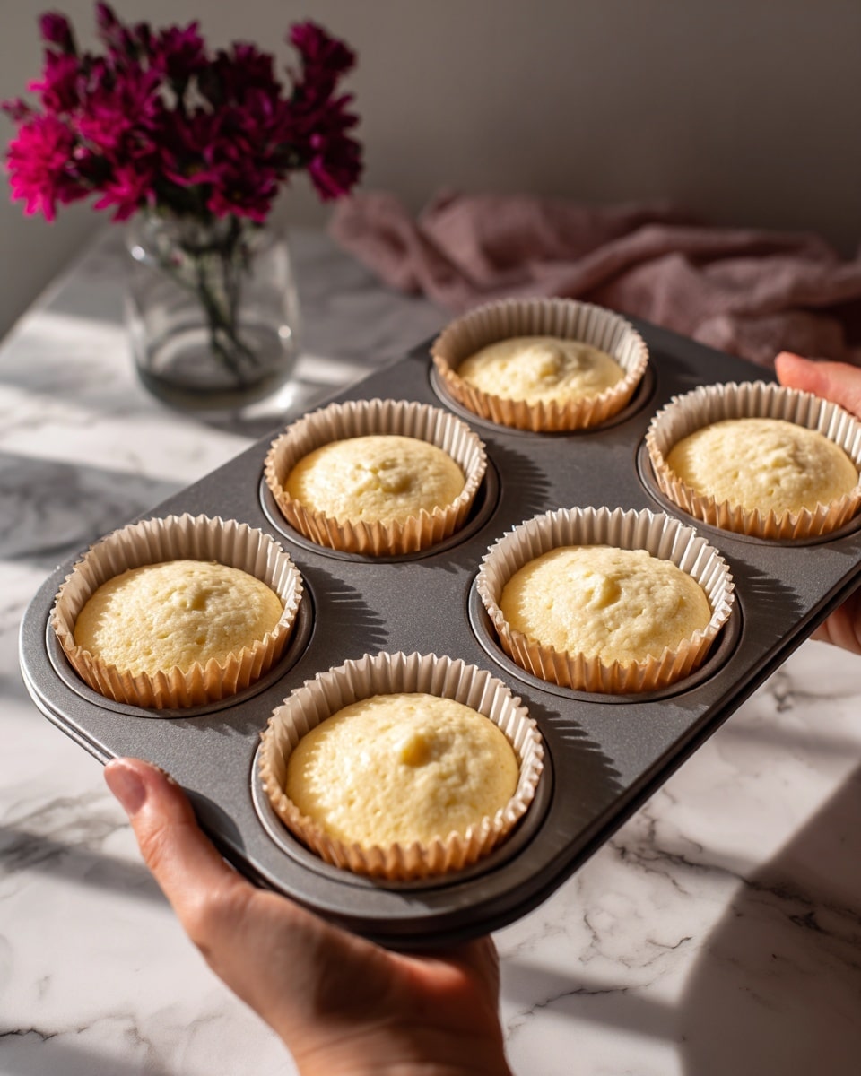 The image shows a metal muffin tray with six muffin cups, each lined with light brown paper liners. Inside each liner is light golden muffin batter, smooth on top, rising slightly with a soft, creamy texture. The tray is on a white marbled surface, with soft natural light creating gentle shadows. In the background, there is a small glass vase holding dark pink flowers, adding a splash of color. A woman's hand is visible holding the tray from the left side. Photo taken with an iphone --ar 4:5 --v 7