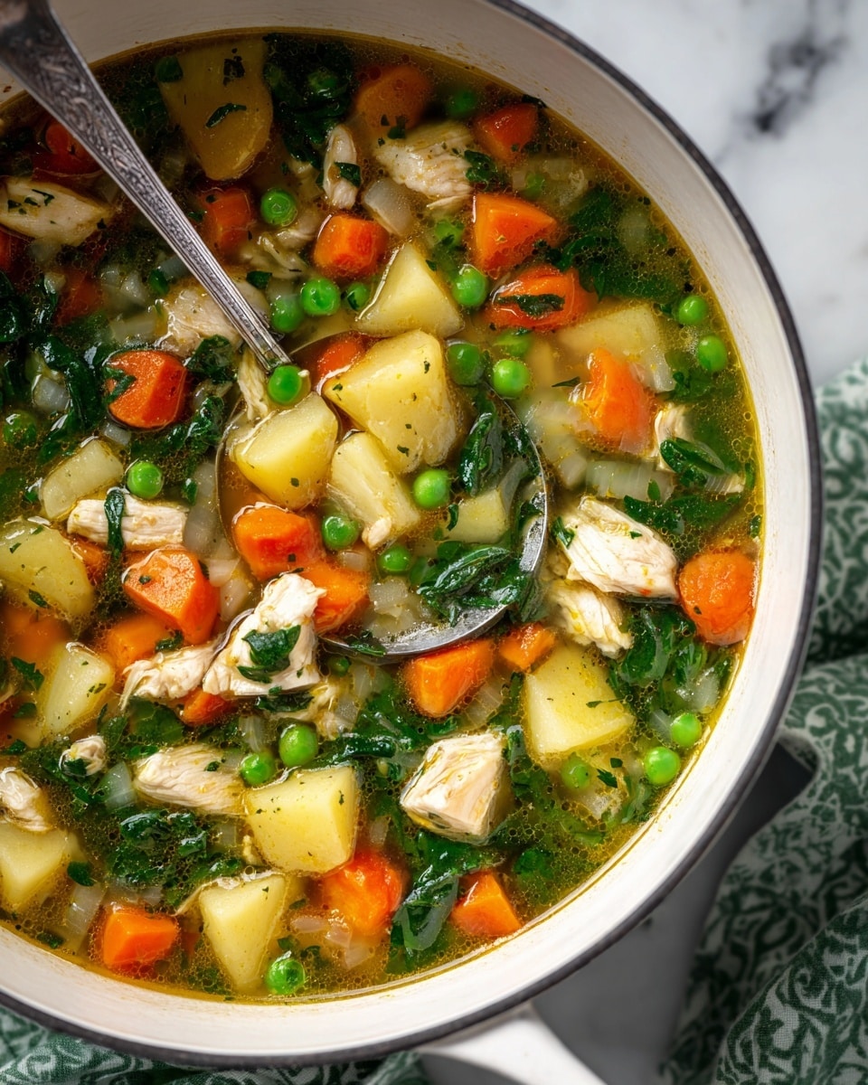The image shows a white pot filled with colorful chicken soup on a white marbled surface. The soup has multiple layers of ingredients: small pieces of white chicken meat float alongside bright orange carrot cubes, light green celery slices, dark green leafy spinach, and green peas, all mixed in a clear, light yellow broth. A woman’s hand holds a wooden spoon stirring the soup inside the pot. Photo taken with an iphone --ar 4:5 --v 7