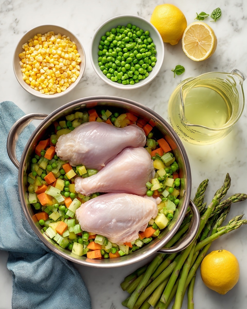 The image shows a shiny metal pot with two raw light pink chicken pieces on top of a colorful mix of chopped vegetables including green asparagus, orange carrots, and light green celery inside the pot. Around the pot, there are two small white bowls, one filled with bright yellow corn kernels and the other with green peas. To the right of the pot, there is a clear glass measuring cup filled with pale yellow liquid, several fresh asparagus spears, and two yellow lemons, one whole and one sliced. All items are placed on a white marbled surface, and a light blue cloth is partially visible at the bottom left. Photo taken with an iphone --ar 4:5 --v 7