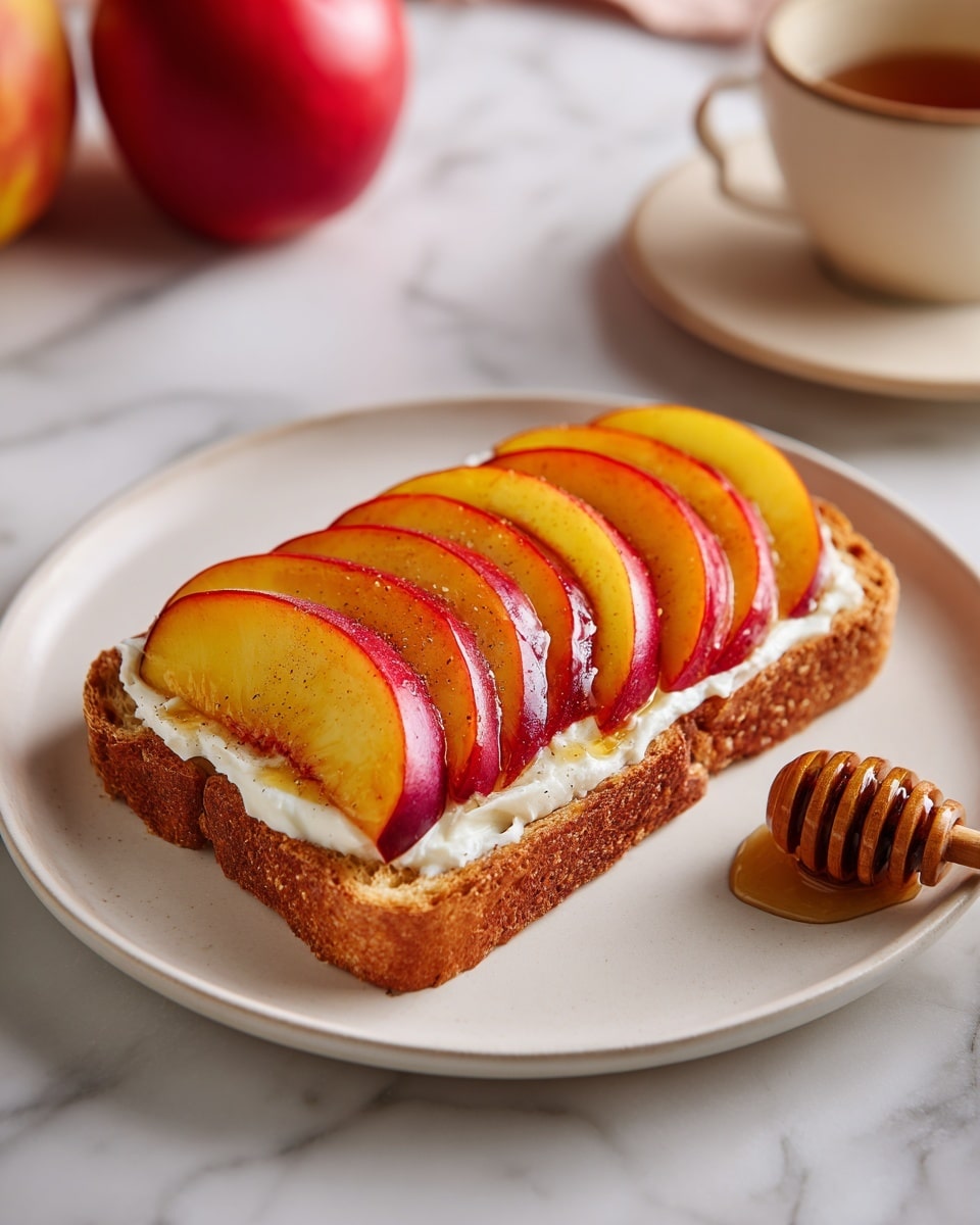 A white plate with one piece of toasted bread at the bottom showing a golden crust and soft inside. On top of the toast, there is a thick layer of white creamy spread. Above this, there are six evenly placed slices of yellow and red peach, slightly shiny with honey drizzled on them. To the right side of the toast, a wooden honey dipper lies on the plate. The background is a white marbled surface with a blurred cup of tea and a red object in the backdrop. Photo taken with an iphone --ar 4:5 --v 7