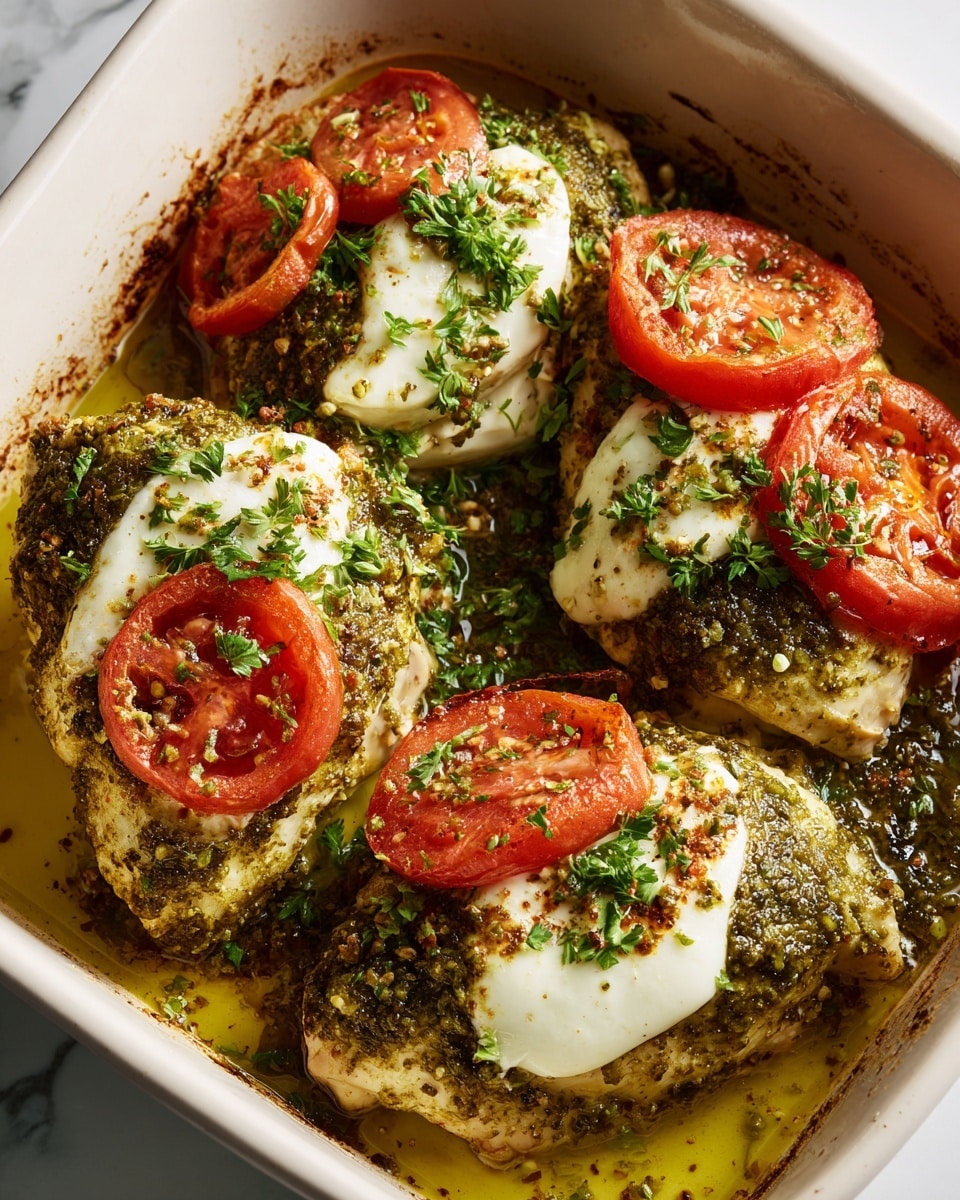 The image shows a white rectangular dish filled with pieces of chicken layered with a dark green pesto sauce at the bottom, topped with smooth white slices of mozzarella cheese, and finished with bright red tomato slices. Each layer is sprinkled with fresh chopped green herbs, and the dish is surrounded by a yellow olive oil sauce that fills the bottom of the dish. The white marbled surface is visible around the edges. Photo taken with an iphone --ar 4:5 --v 7