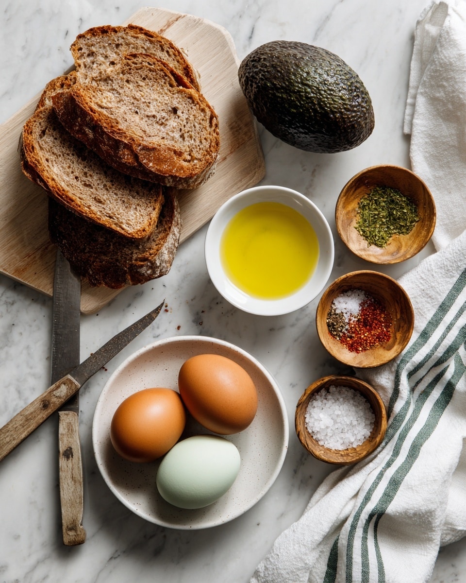 The image shows ingredients for a meal arranged neatly on a white marbled surface. On the left, three slices of brown bread rest on a light wooden board next to a dark, rough-skinned avocado. A knife with a wooden handle lies next to the avocado. In front of the board is a small white bowl of yellow olive oil and three small wooden bowls holding salt, crushed red pepper, and black pepper. At the center is a white plate holding two eggs, one brown and one pale green. A white cloth with green and black stripes is folded to the right side. Photo taken with an iphone --ar 4:5 --v 7