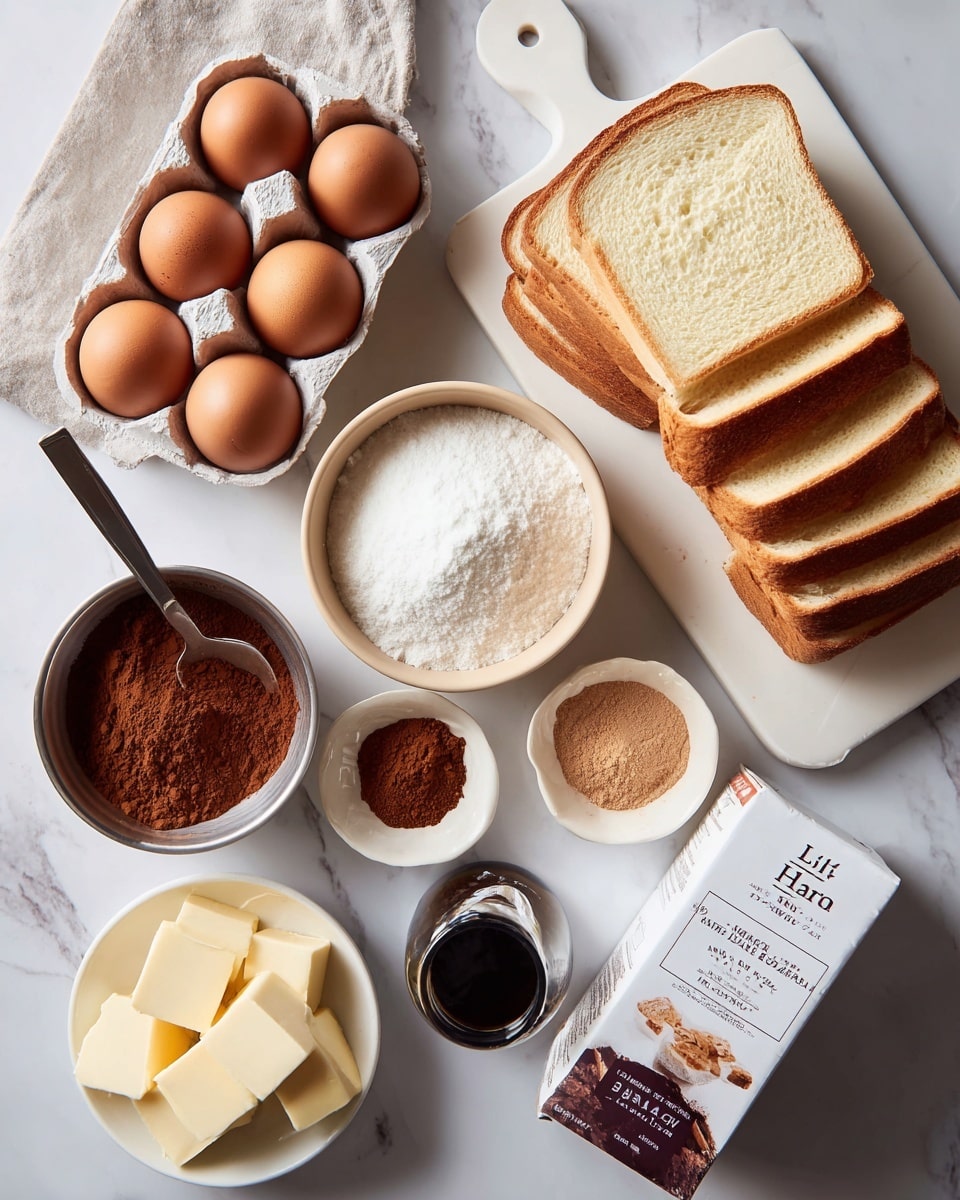 The image shows ingredients laid out for baking on a white marbled surface. There are six brown eggs in a white carton on the left. Next to it, there is a stack of six slices of bread placed on a white cutting board at the top right. Below the bread, a beige bowl filled with white granulated sugar is visible. Below that, there is a metal bowl containing brown cocoa powder with a spoon inside. Near the center, two small white bowls hold light brown and dark brown spices. A bottle with a dark liquid sits between the bowls. At the bottom, a small white dish contains several cubes of butter, and next to it lies a purple and white carton labeled