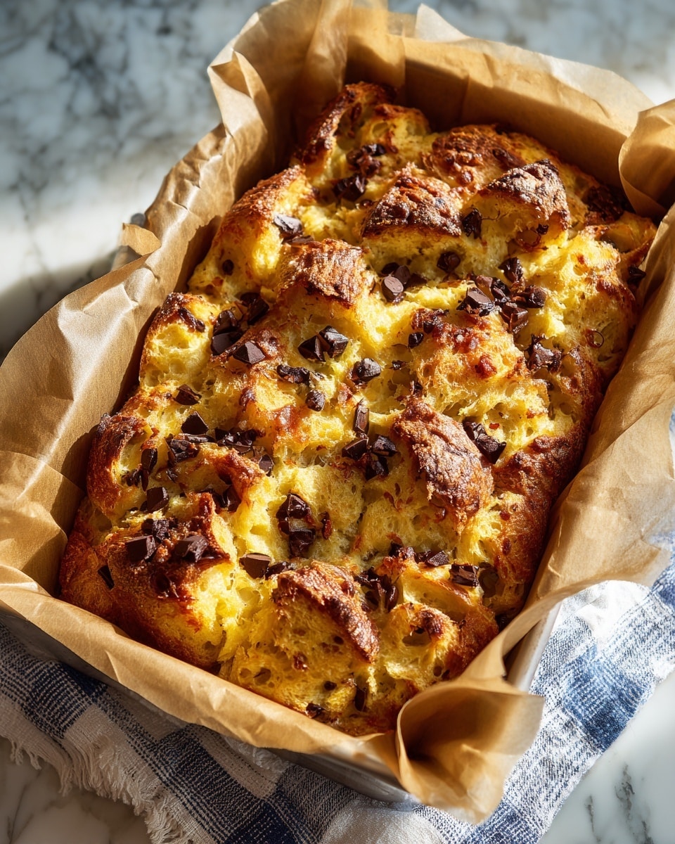 The image shows a close-up of a golden-brown baked dish in a rectangular metal pan lined with brown parchment paper. The dish has a textured surface with uneven, puffy layers of bread or dough that are toasted to a light and darker golden color. Scattered on top are shiny, dark brown chocolate chips that add contrast to the warm tones of the bread. The pan sits on a white marbled surface with a blue and white striped cloth beside it. The light highlights the glossy spots on the melted chocolate and the crisp edges of the baked bread. photo taken with an iphone --ar 4:5 --v 7
