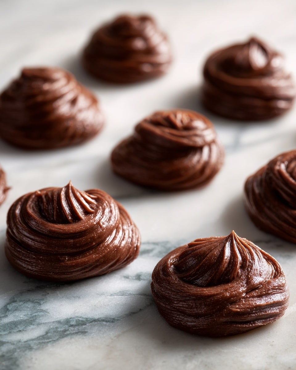 The image shows eight dollops of shiny, dark brown chocolate batter placed on a white marbled surface. Each dollop is thick with a smooth and swirled texture, arranged loosely in rows with slight spacing between them. The chocolate looks rich and glossy, reflecting light softly, creating a sense of creaminess and thickness. The background is softly blurred, focusing on the chocolate dollops in the foreground, giving a warm and cozy feel. photo taken with an iphone --ar 4:5 --v 7