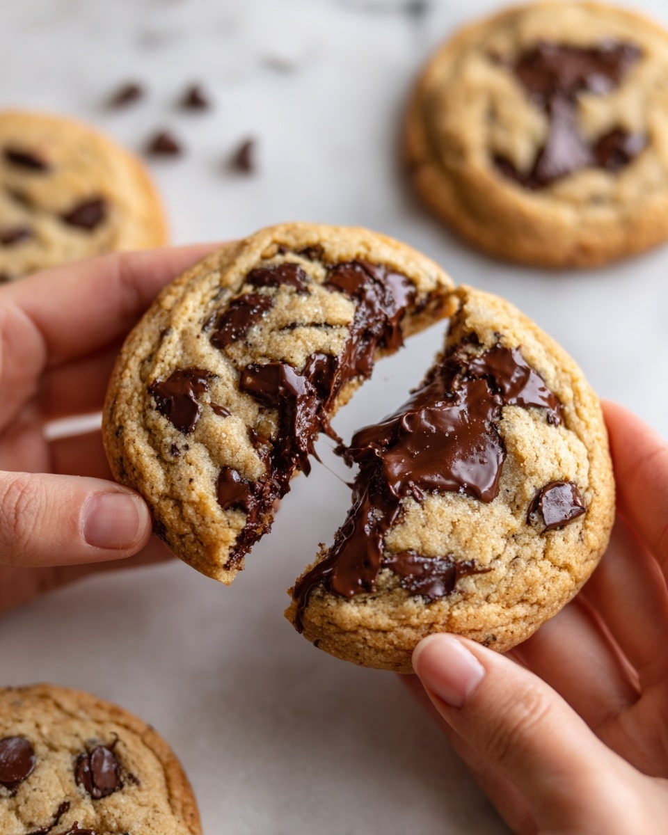 The image shows several round chocolate chip cookies with a golden-brown color and smooth texture, each cookie studded with many dark brown chocolate chips scattered on the top layer. One cookie in the front has a large bite taken, revealing a soft, melted chocolate inside. The cookies are placed on white parchment paper, resting on a white marbled surface. Around the cookies, there are several white flowers with green leaves adding a fresh touch to the scene. The lighting is warm, highlighting the soft texture of the cookies and the shine on the chocolate chips photo taken with an iphone --ar 4:5 --v 7